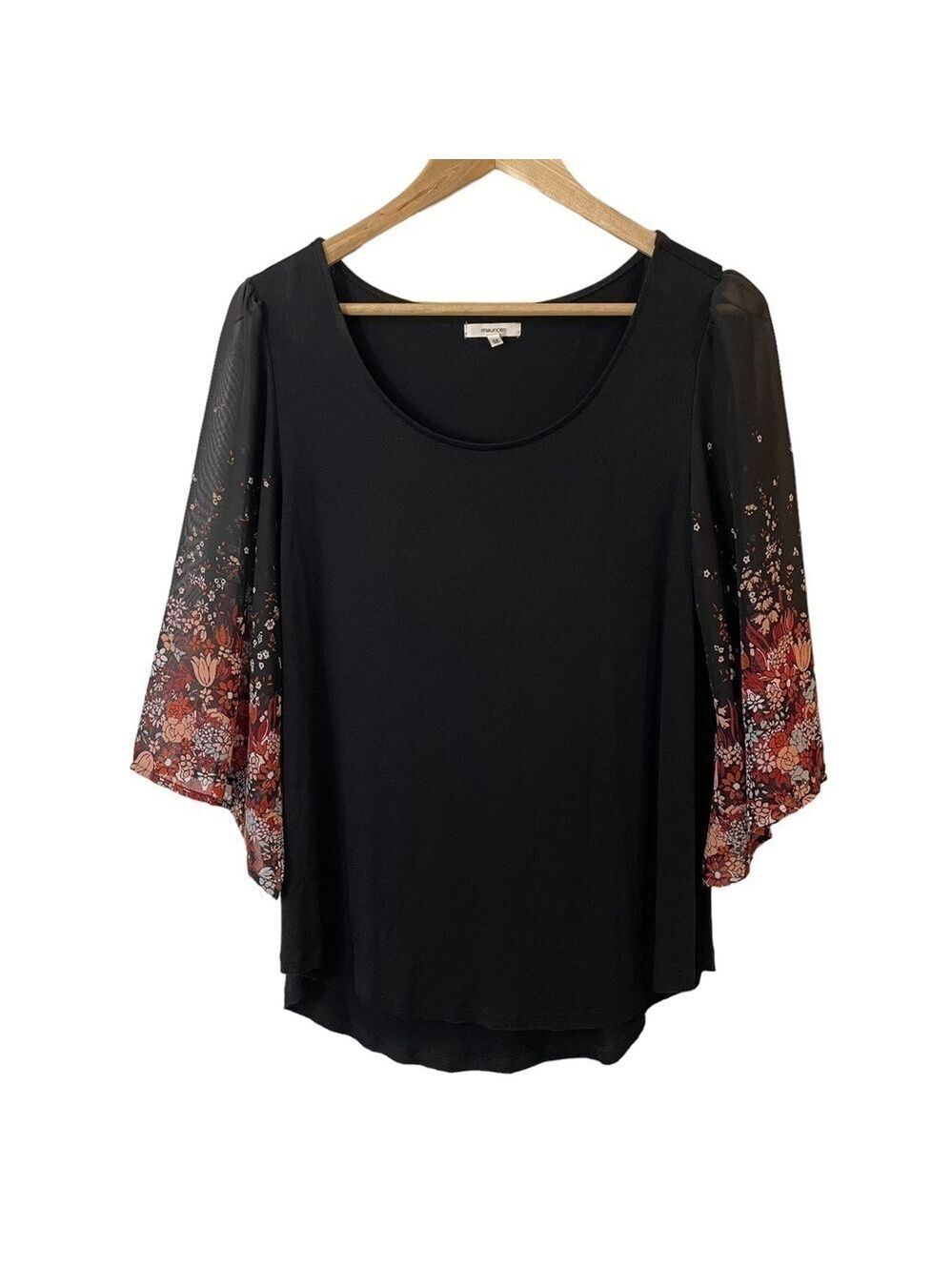 Maurices Sheer Floral Bell Sleeve Top Sz M Black Red Mixed Media Boho Shirt EUC
